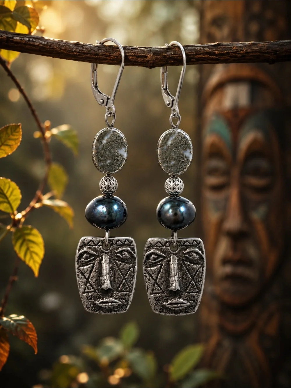 OOAK Pyrite & Peacock Freshwater Pearl Face Earrings | Signed Inviciti Artisan